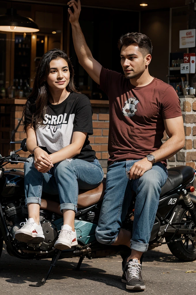3D caricature of a young couple riding an automatic motorbike wearing their boyfriend's jacket, the girl wears a hijab