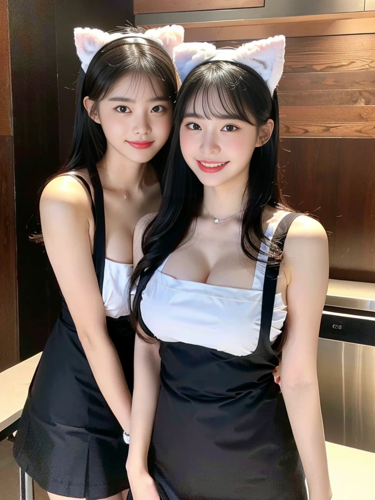 (Super cute Korean high school girl waitress duo look into the camera:1.2)(grin,Smile)(Beautiful Sweat:1.1)(16K, RAW Photos, Highest quality, masterpiece: 1.2),(Cat ears made with beautiful black hair) Super detailed, Super Resolution, (Genuine, Genuine photos: 1.37), Portraiture, High-resolution RAW color photos, Professional photos, Very detailed, 8k wallpaper, Very detailed CG Unity 8k wallpaper, Very detailed beautiful girls, Very detailed faces, ((whole body)), beautiful woman, Huge breasts,(huge boobs:1.1) (Big Boobs:1.1), Beauty college student (Naked Apron:1.1),high school girl, Korean Girls,(K-POP Female Idols), (Idol-class beauty)(Beautiful high school girl:1.1)(Nice restaurant)(18-year-old)(Waitress costumes:1.1)(Group photo:1.1)(:1.0)(NSFW:1.2)