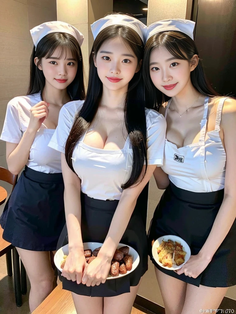 (Super cute Korean high school girl waitress duo look into the camera:1.2)(grin,Smile)(Beautiful Sweat:1.1)(16K, RAW Photos, Highest quality, masterpiece: 1.2),(Cat ears made with beautiful black hair) Super detailed, Super Resolution, (Genuine, Genuine photos: 1.37), Portraiture, High-resolution RAW color photos, Professional photos, Very detailed, 8k wallpaper, Very detailed CG Unity 8k wallpaper, Very detailed beautiful girls, Very detailed faces, ((whole body)), beautiful woman, Huge breasts,(huge boobs:1.1) (Big Boobs:1.1), Beauty college student (Naked Apron:1.1),high school girl, Korean Girls,(K-POP Female Idols), (Idol-class beauty)(Beautiful high school girl:1.1)(Nice restaurant)(18-year-old)(Waitress costumes:1.1)(Group photo:1.1)(:1.0)(NSFW:1.2)