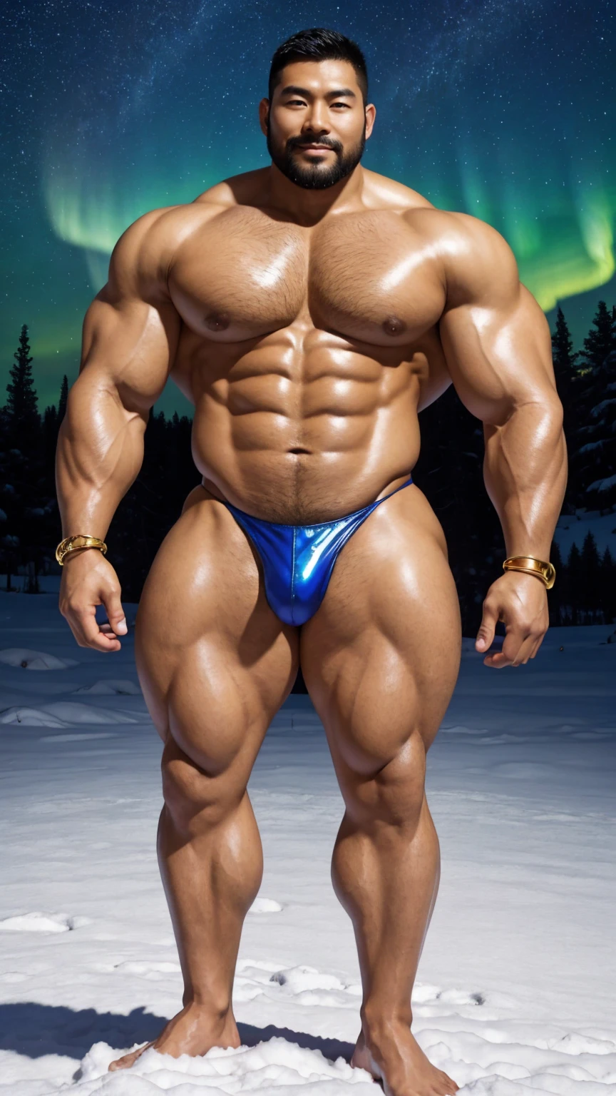 There is only one handsome Chinese man in the photo,35 years old,tall, Fitness,Smooth body,Smooth skin,No chest hair,short hair, O-Shaped Beard,Perfect body, Dark skin color,Radiant Skin,Smooth skin,Shiny, shiny skin,Smooth pectoral muscles,Muscle bulge, muscular, Very large pectoral muscles,Very sexy abdominal muscles,Very well-developed leg muscles,Huge concave and convex area,Brightens oily skin,Wearing a shiny gold leather thong,Handsome face,Normal human toes,Correct and accurate male body proportions,Gold Collar,Gold bracelet,Gold anklets,Standing in the snow,Night sky,A sky full of stars,There are auroras,Colorful,Charming dream scene,Epic。