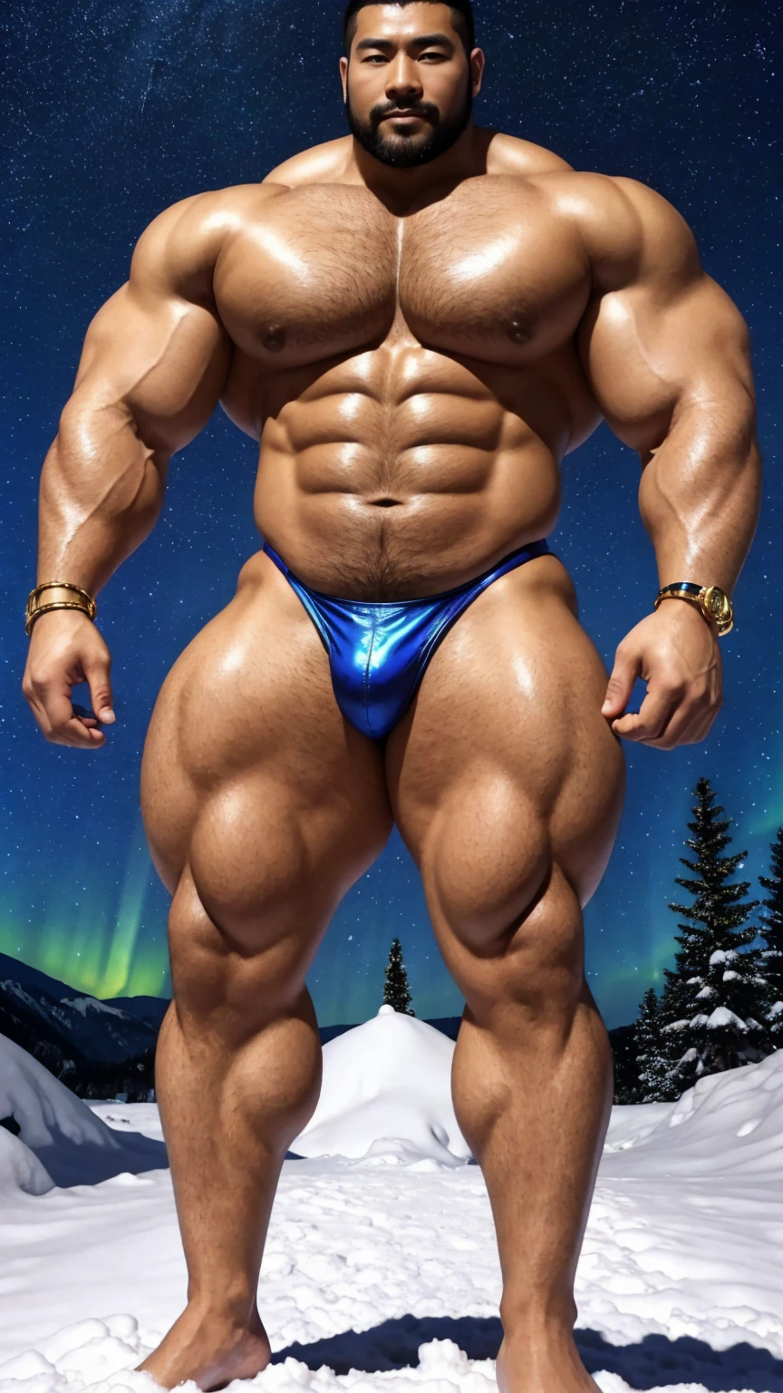 There is only one handsome Chinese man in the photo,35 years old,tall, Fitness,Smooth body,Smooth skin,No chest hair,short hair, O-Shaped Beard,Perfect body, Dark skin color,Radiant Skin,Smooth skin,Shiny, shiny skin,Smooth pectoral muscles,Muscle bulge, muscular, Very large pectoral muscles,Very sexy abdominal muscles,Very well-developed leg muscles,Huge concave and convex area,Brightens oily skin,Wearing a shiny gold leather thong,Handsome face,Normal human toes,Correct and accurate male body proportions,Gold Collar,Gold bracelet,Gold anklets,Standing in the snow,Night sky,A sky full of stars,There are auroras,Colorful,Charming dream scene,Epic。