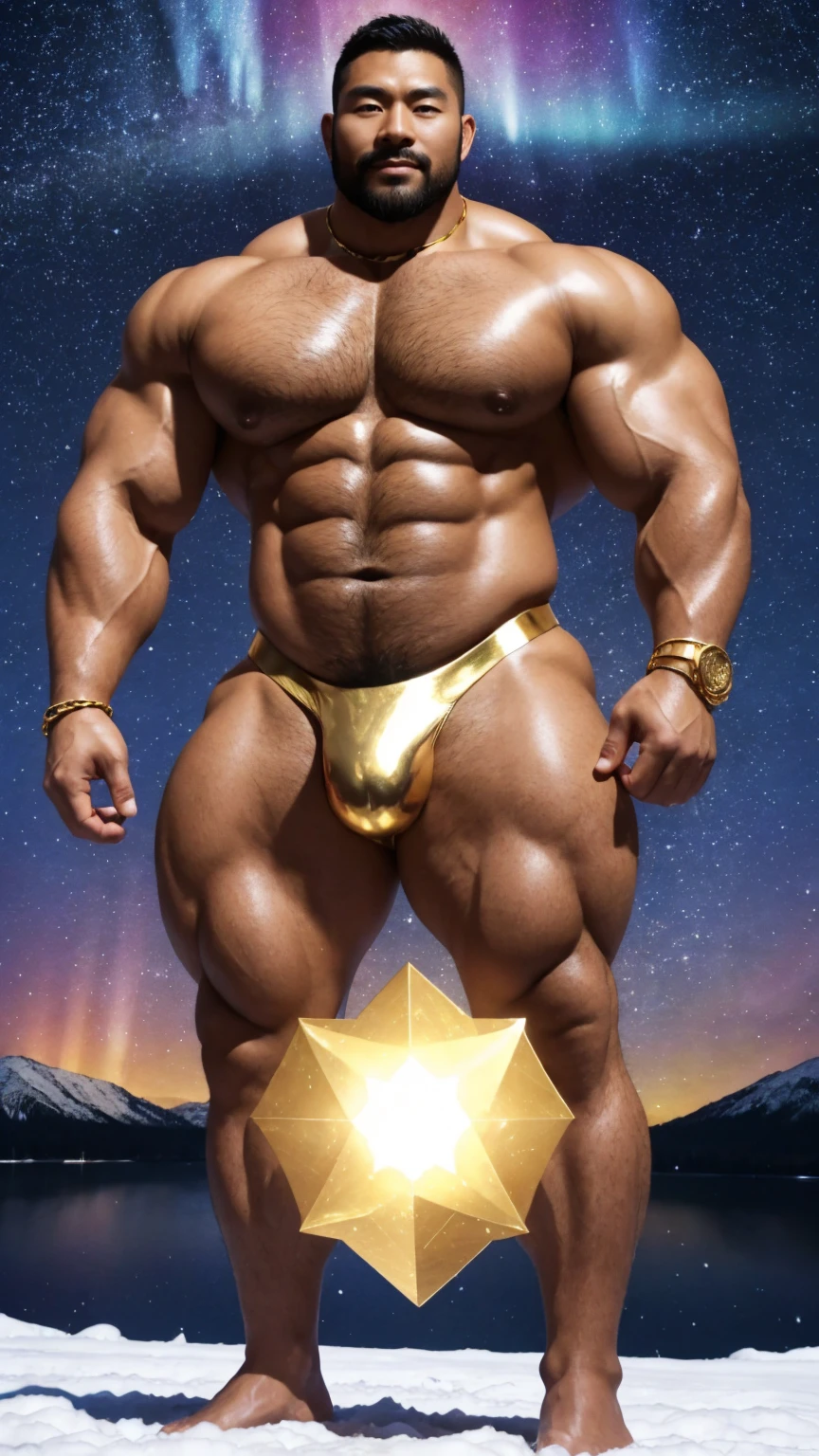 There is only one handsome Chinese man in the photo,35 years old,tall, Fitness,Smooth body,Smooth skin,No chest hair,short hair, O-Shaped Beard,Perfect body, Dark skin color,Radiant Skin,Smooth skin,Shiny, shiny skin,Smooth pectoral muscles,Muscle bulge, muscular, Very large pectoral muscles,Very y abdominal muscles,Very well-developed leg muscles,Huge concave and convex area,Brightens oily skin,Wearing a shiny gold leather thong,Handsome face,Normal human toes,Correct and accurate male body proportions,Gold Collar,Gold bracelet,Gold anklets,Standing in the snow,Night sky,A sky full of stars,There are auroras,Colorful,Charming dream scene,Epic。