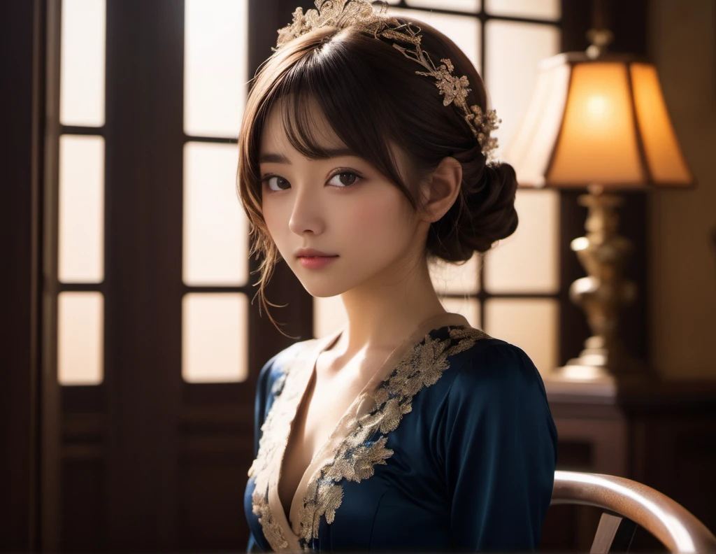 1 Japanese_woman,(Age 25), alone, cute, (Brown eyes ,Capture the light:1.5), Natural Skin, (Brown Hair), indoor ,(A shy smile), Sit on a chair,(thin formal dresses),
Tenebrism, (Dramatic lighting:1.2), Deep Shadow, Impressive highlights, Strong contrast, Baroque influence