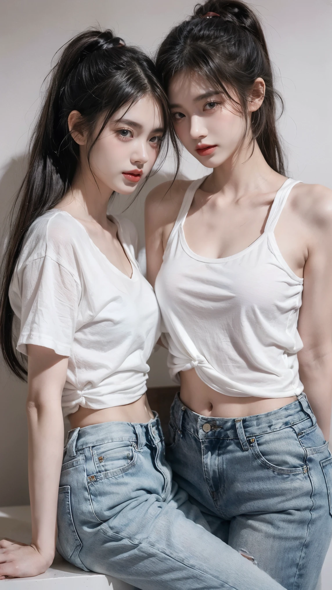 Create a realistic portrait of 2 girls, twin girl with long, dark hair tied in ponytails, both wearing casual white t-shirts with graphic prints and ripped jeans. carrying pose, giving a sense of companionship and unity. The background is simple and minimalistic, with soft lighting that casts subtle shadows, highlighting their features and expressions. The overall mood of the image is modern and stylish, with a touch of casual elegance.
