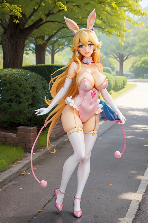 Princess Peach, blue eyes, long hair, 1girl, solo, perfect breasts, ,earrings glossy lips ,looking at viewer, blush, large breasts, nature, pond, trees, park, long white elbow satin gloves, holding, animal ears, cleavage, bare shoulders, jewelry, very l, gentle smile, pantyhose, earrings, fake rabbit ears, pink leotard, fake animal ears bunny, long white elbow gloves, white gloves