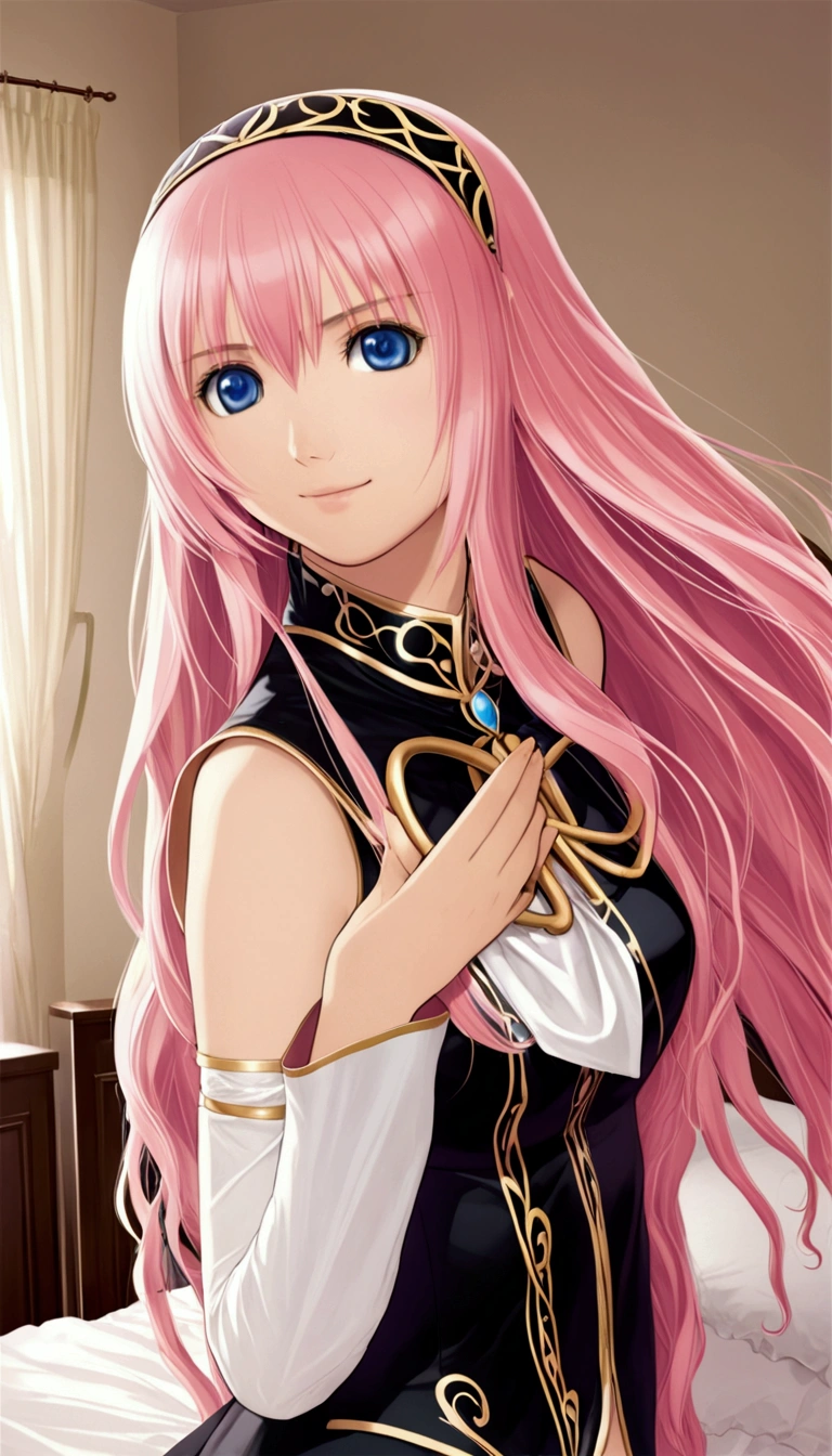 Detailed and beautiful depiction 1.1,Official Art,Beautiful adult woman ,Megurine Luka in official costume,Pink long hair,blue eyes,smile,Bedroom