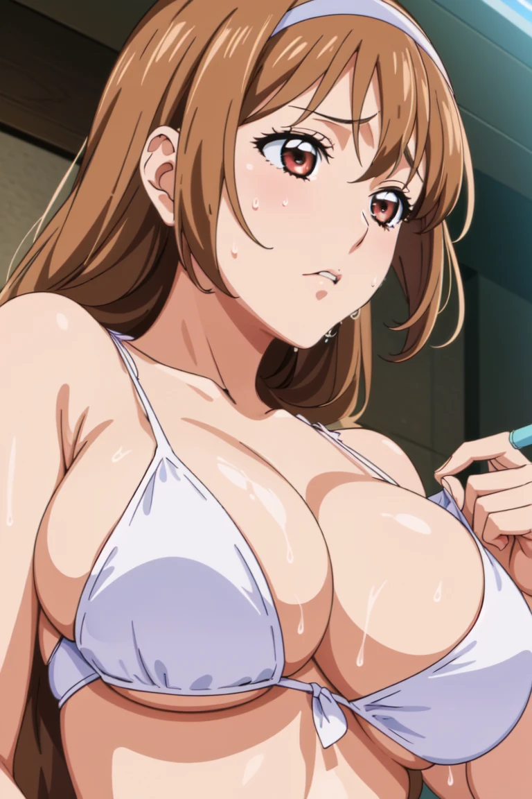 masterpiece, best quality, Orihime Inoue in her 20s, solo, brown eyes, naked, nude, big breasts, nipples, sexy body, ahegao face, sexual expression, mouth open, tongue out, eyes rolled back, drooling, laying down, legs spread, laying on bed, legs open, touching pussy