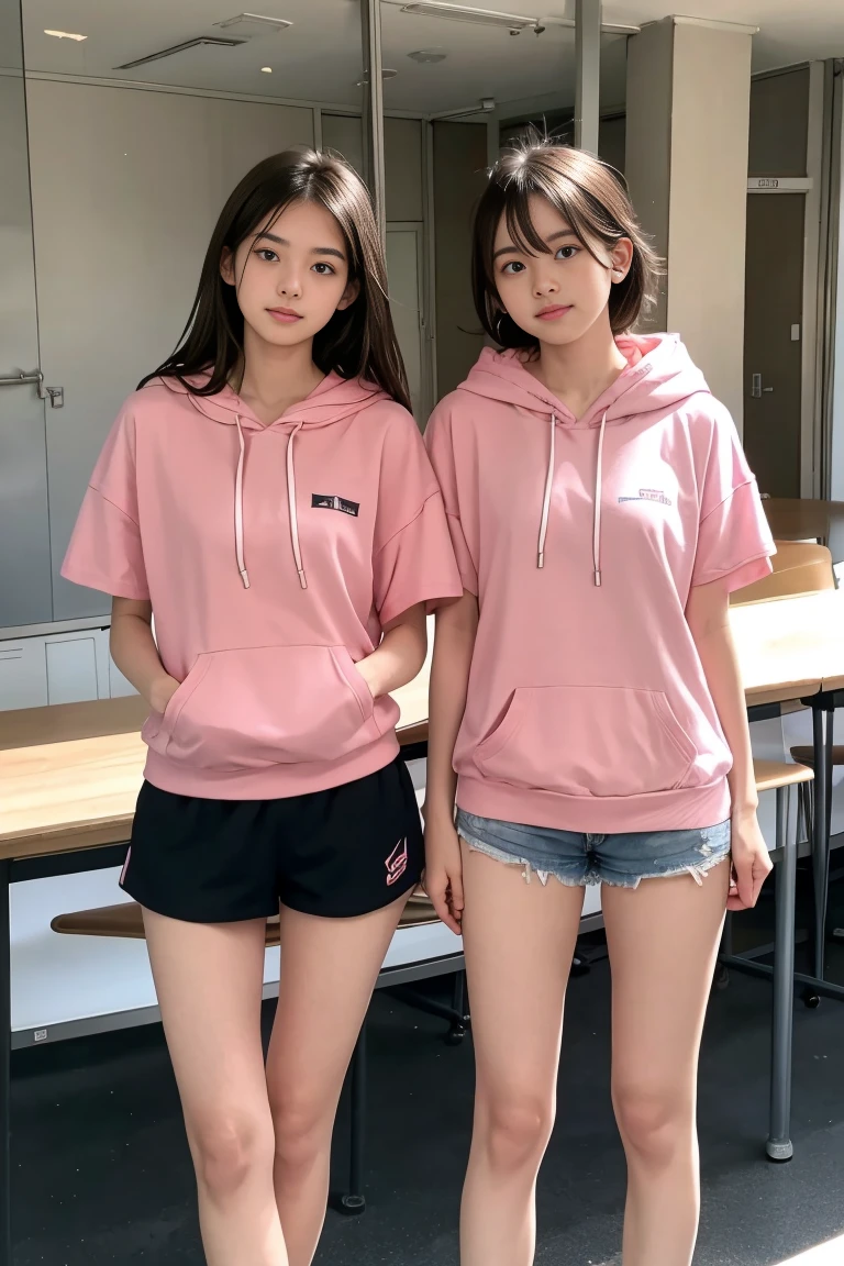 deux femmes ensemble de 18 ans sexy et mince , pink short sleeve hoodie , salle de classe, se touche,position sey,sensuel,visible legs,