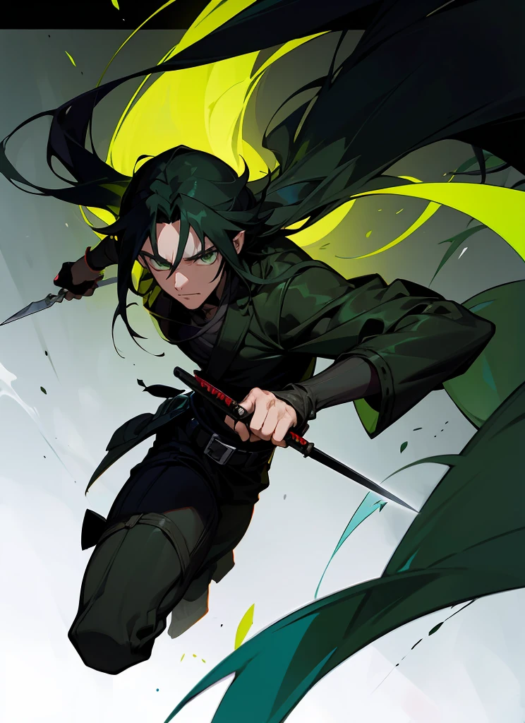 darkness wolrd, bad Rogue,male hansome, earing, blackhairhighlightgreen hair, use knife, 21 yearold, fantasy, green eye, dark blackground , villianface, kind, legend, fashionlonghair,samuraihair, japanstyle,fighting