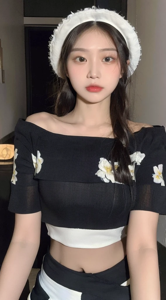 ((best quality, 8K, masterpiece: 1.3)), (Flower Hat: 1.3), Key Points: 1.2, Perfect body beauty: 1.4, Hips: 1.2, (Layered Hairstyle: 1.2)), (Dark Street: 1.3), Highly detailed face and skin textures, whole body, Exquisite eyes, Double eyelids, Skin Whitening, Long hair, (Round Face: 1.5), (Loose cropped top, shorts: 1.6)