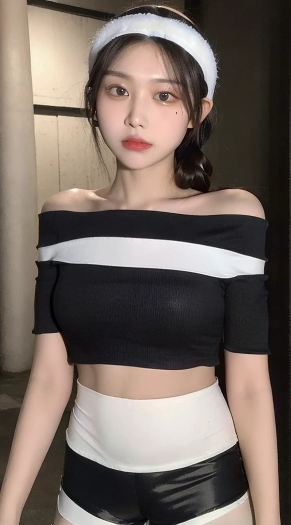 ((best quality, 8K, masterpiece: 1.3)), (Flower Hat: 1.3), Key Points: 1.2, Perfect body beauty: 1.4, Hips: 1.2, (Layered Hairstyle: 1.2)), (Dark Street: 1.3), Highly detailed face and skin textures, whole body, Exquisite eyes, Double eyelids, Skin Whitening, Long hair, (Round Face: 1.5), (Loose cropped top, shorts: 1.6)