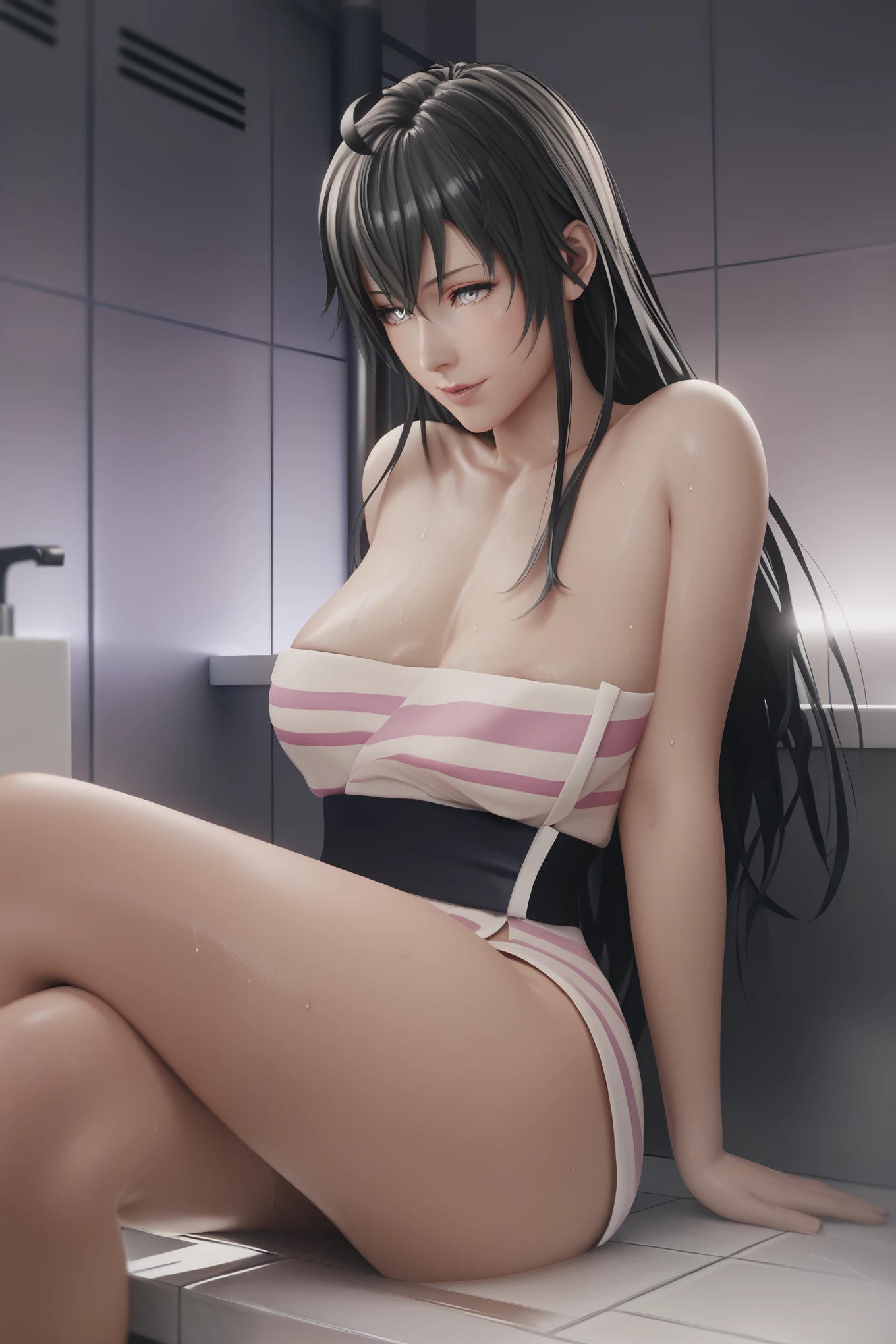 score_9, score_8_up, score_7_up, score_6_up, uncensored, yukinoshita yukino, black hair, long hair, grey eyes, BREAK (masterpiece:1.2), best quality, high resolution, (detailed eyes:1.3), perfect lighting, (perfect hands, perfect anatomy), small breasts, sagging breasts, sweating, 1girl, breasts, striped, solo, sitting, crossed_legs, naked_towel, cleavage, bare_shoulders, towel, looking_at_viewer, bathroom, arm_support, seductive smile, hearts, collarbone, saliva, 