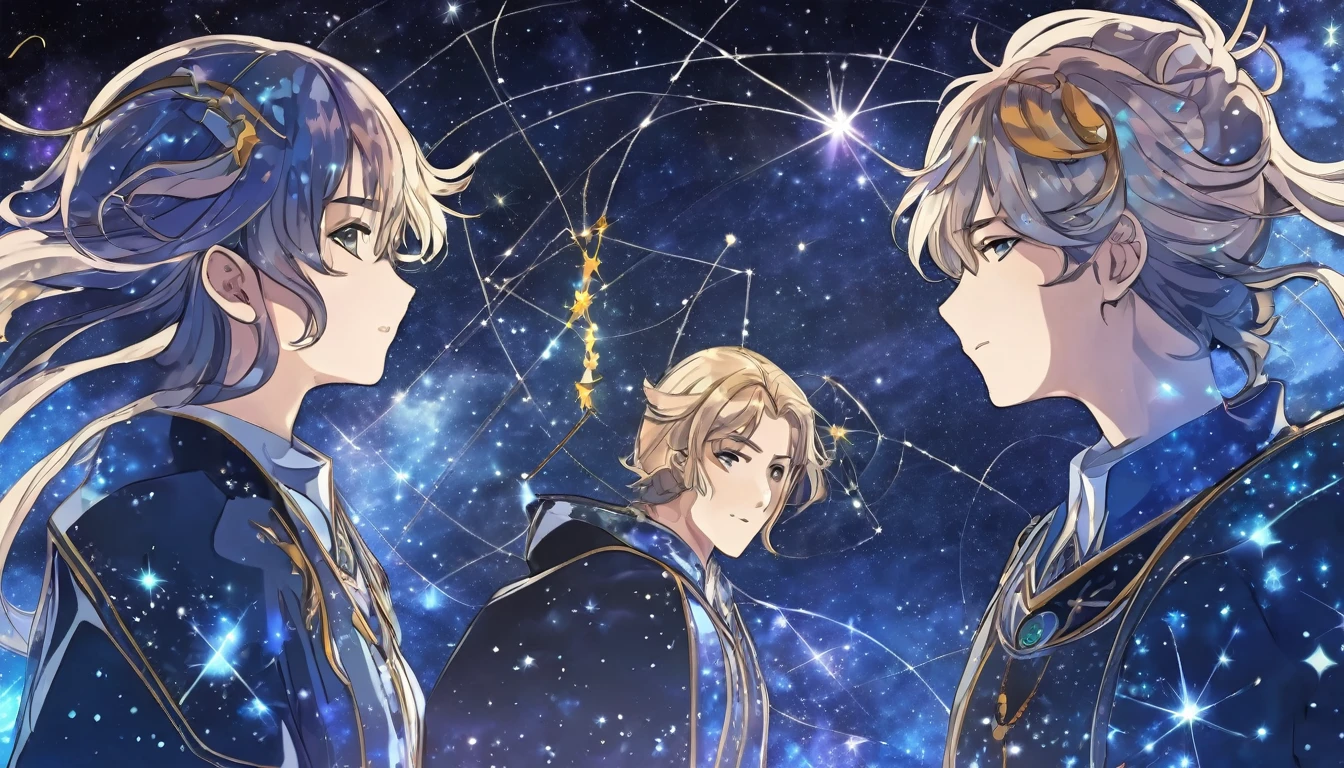 Gemini constellation in human anime character style, they are twin siblings including one man one woman, have wind magic power