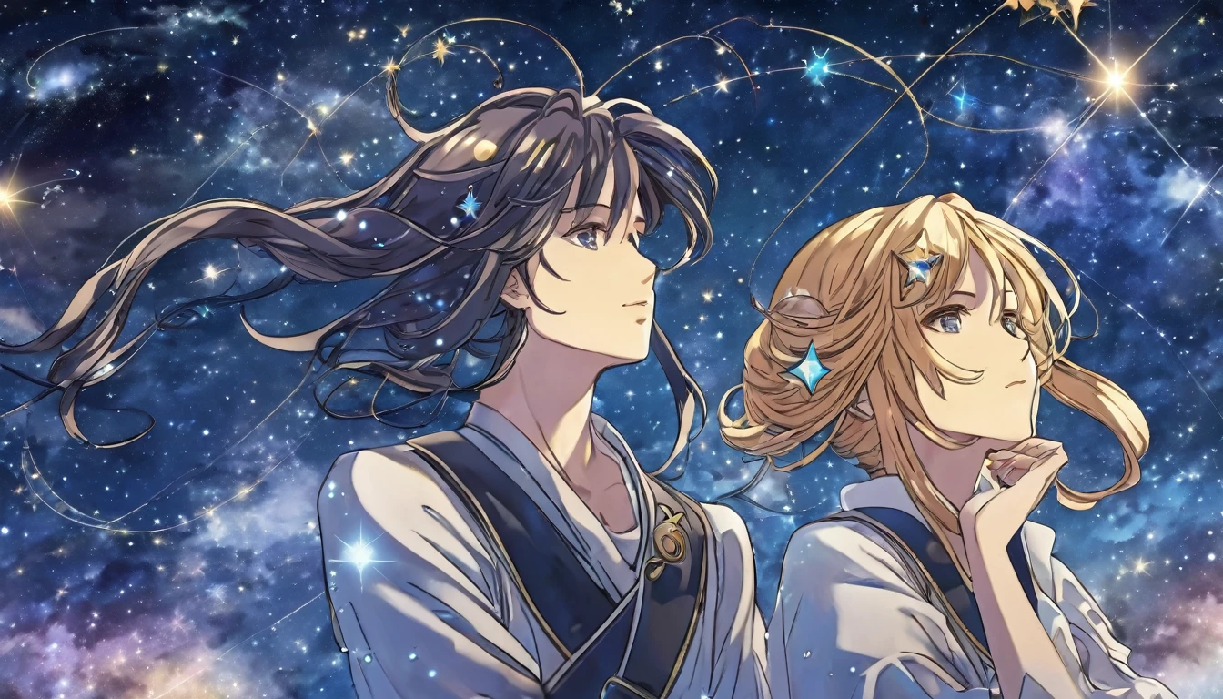 Gemini constellation in human anime character style, they are twin siblings including one man one woman, have wind magic power