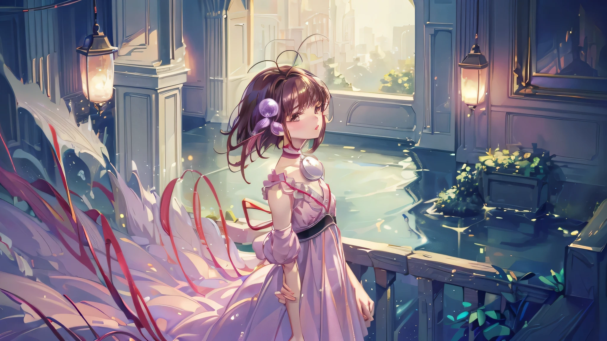 Reala, hair ornament, red choker, pink dress, (masterpiece, Absurd quality, Highest quality, Official Art, beautifully、aesthetic:1.2), 16K, e  girl, Very detailed, Digital Art, colorful, Most detailed, Bright colors, (Conversion Sequence), Babinema Lighting, Dynamic Angle, landscape, scenery, (difficult:1.5), (One girl:1.5), (indoor:1.5), Bedroom, lamp, (Hotel Rooms:1.3), (Very detailed lips:1.3), eyelash, Very detailed顔, (Perfect Legs, Perfect hands, Perfect Anatomy：1.1), Depth of written boundary, Speckled sunlight, Beautiful lighting, Little, Floating Hair, Illustrations,