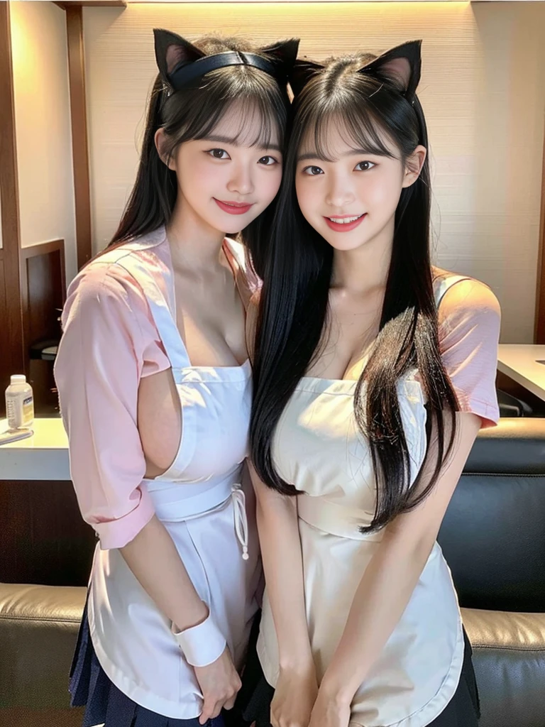 (Super cute Korean high school girl waitress duo look into the camera:1.2)(grin,Smile)(Beautiful Sweat:1.1)(16K, RAW Photos, Highest quality, masterpiece: 1.2),(Cat ears made with beautiful black hair) Super detailed, Super Resolution, (Genuine, Genuine photos: 1.37), Portraiture, High-resolution RAW color photos, Professional photos, Very detailed, 8k wallpaper, Very detailed CG Unity 8k wallpaper, Very detailed beautiful girls, Very detailed faces, ((whole body)), beautiful woman, Huge breasts,(huge boobs:1.1) (Big Boobs:1.1), Beauty college student (Naked Apron:1.1),high school girl, Korean Girls,(K-POP Female Idols), (Idol-class beauty)(Beautiful high school girl:1.1)(Nice restaurant)(18-year-old)(Waitress costumes:1.1)(Group photo:1.1)(:1.0)(NSFW:1.2)