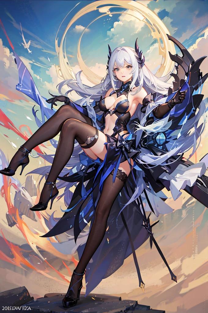 Anime character succubus sky blue long hair black dress black silk pantyhose black high heels,Lazy beautiful big sister