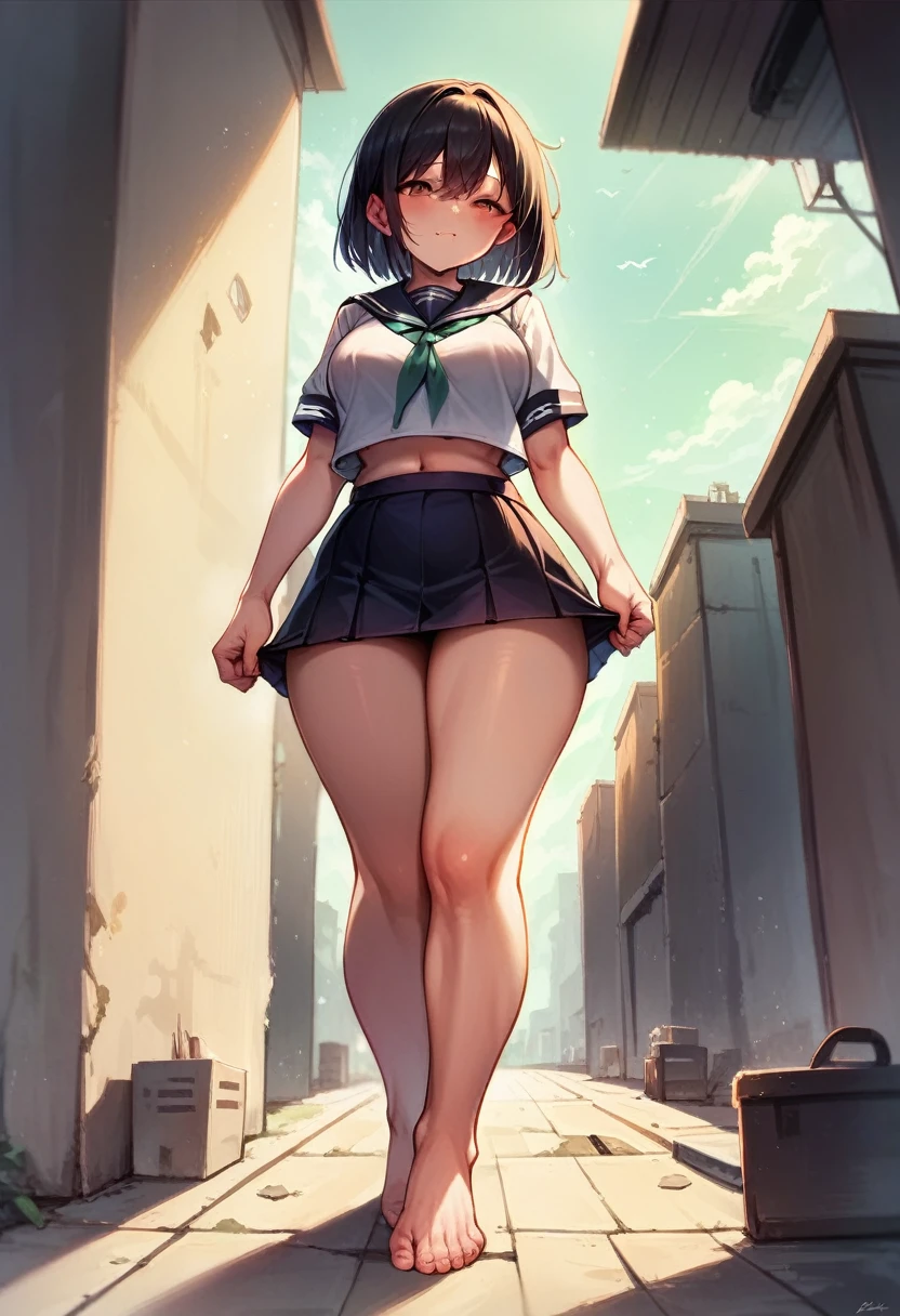 Huge barefoot teen，A girl taller than a building.，a small sailor suit，Short skirt, voluptuous,