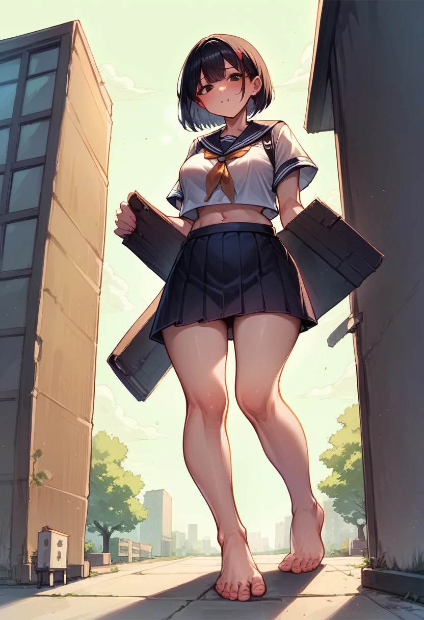 Huge barefoot teen,A girl taller than a building.,a small sailor suit,Short skirt, voluptuous,