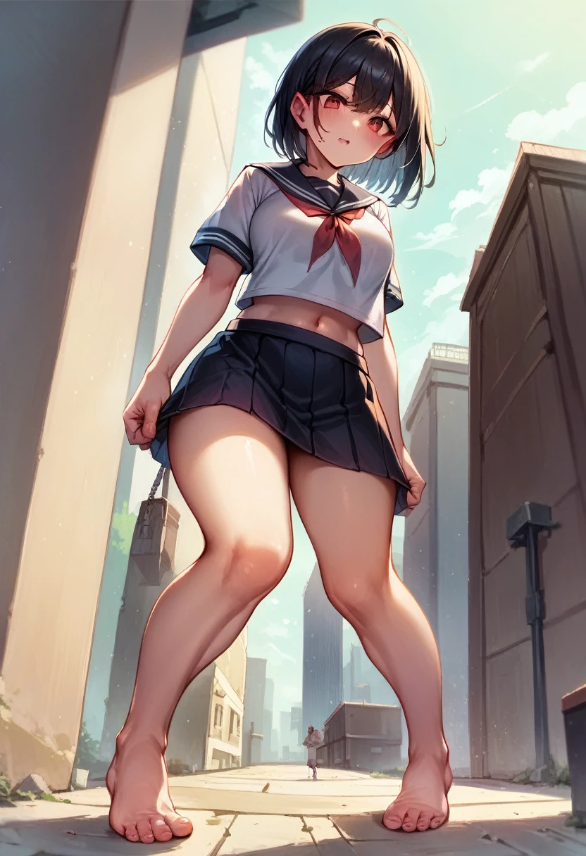 Huge barefoot teen，A girl taller than a building.，a small sailor suit，Short skirt, voluptuous,