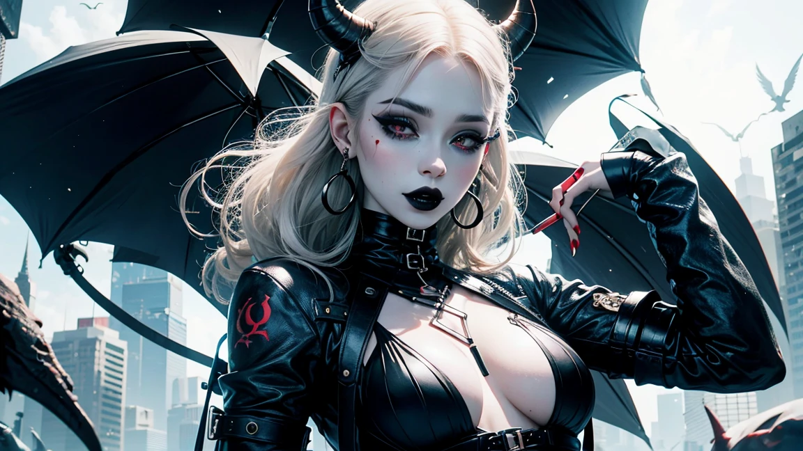 pale skin, lipstick, black lipstick, demon girl