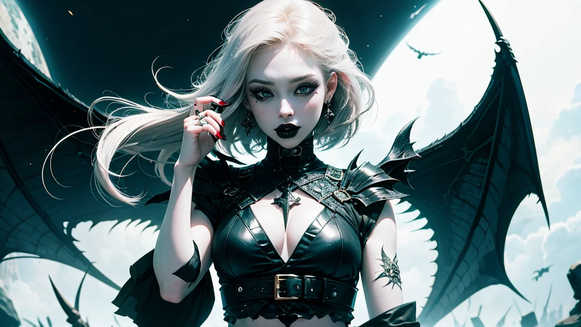 pale skin, lipstick, black lipstick, demon girl