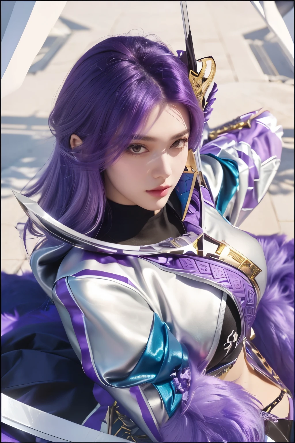 a close up of a woman with purple hair and a sword, kda, portrait knights of zodiac girl