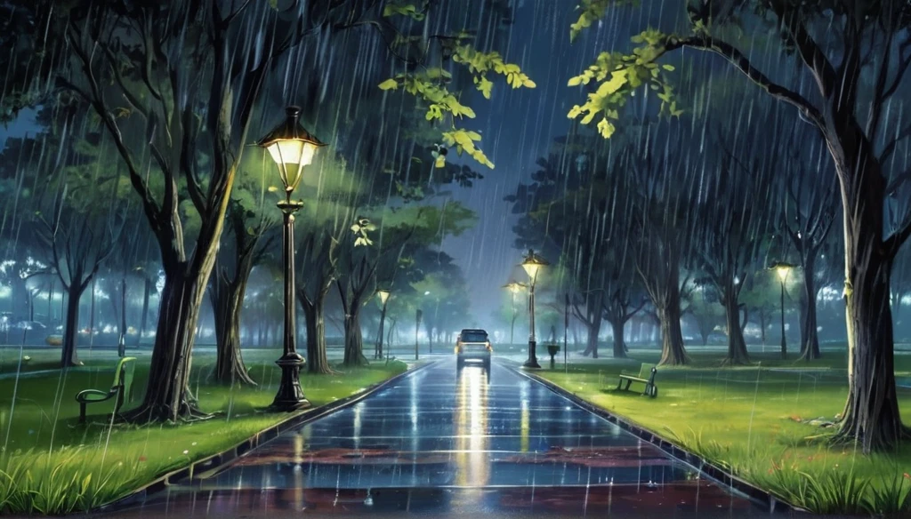 in the park ,the road widens ,it's raining ,night
