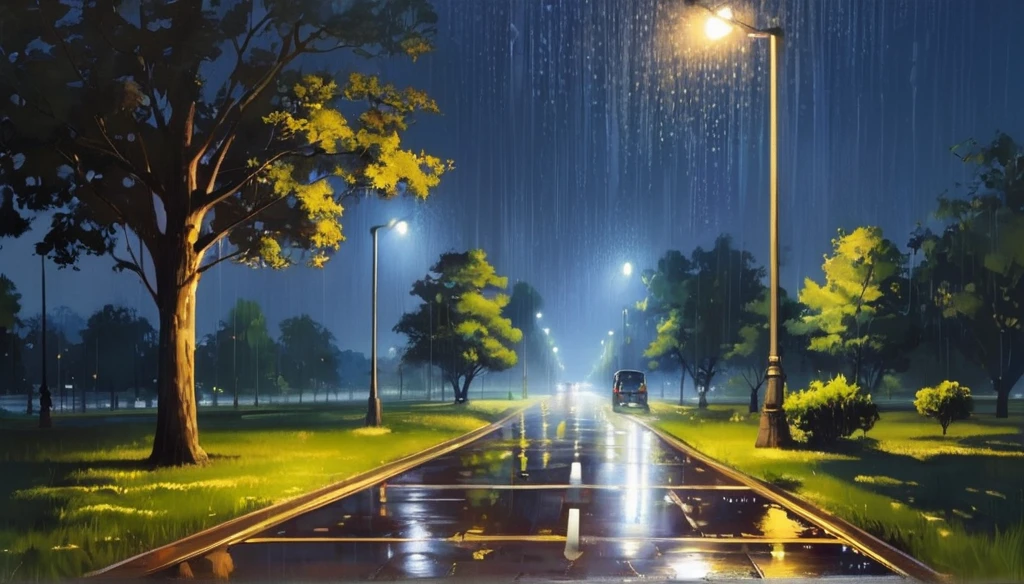 in the park ,the road widens ,it's raining ,night