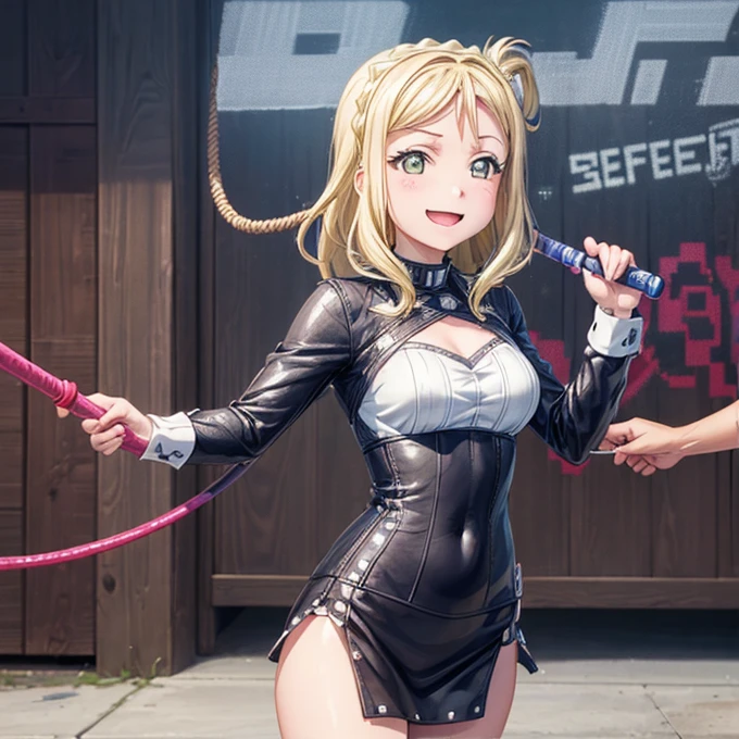 (((Pixel Perfect,Perfect in every detail))), Girl slaps guy，A girl around 15 years old,smile,,NSWF,lovely,Mari Ohara，Leather whip，whip，Swinging a long, thick rope，cinematic