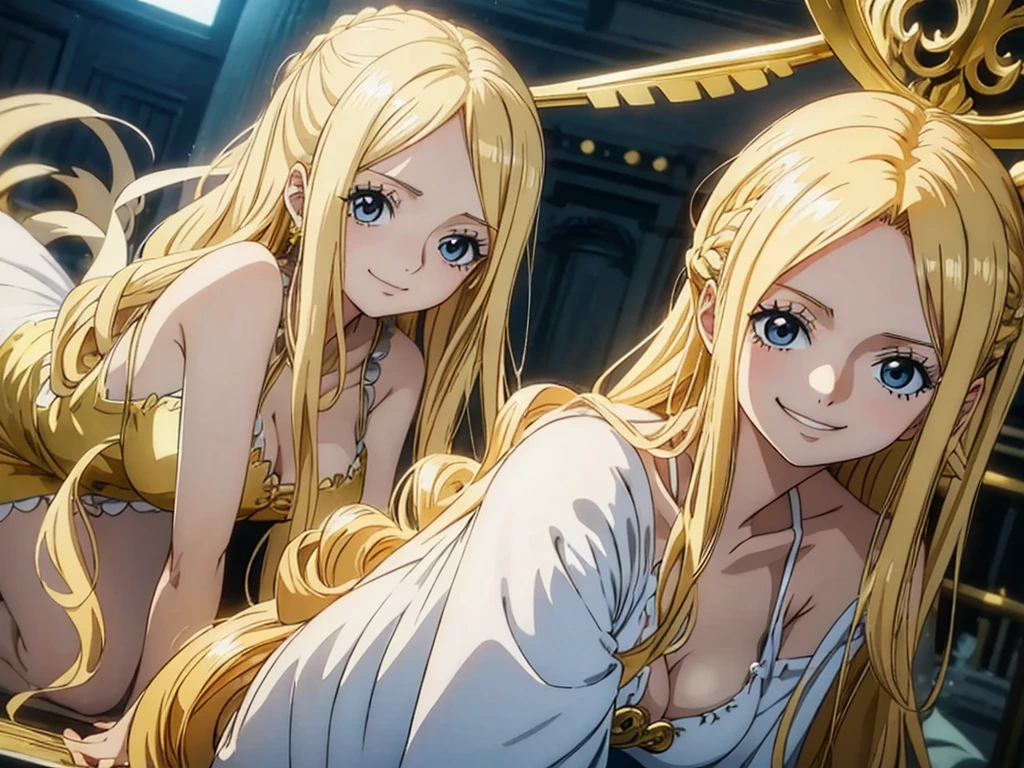 One piece animation style, blonde hair, long hair, shy smile, wavy hair, long gold eyelash, young girl, lovely girl, gold eyes, upper body shot, wearing white dress, white angle wing, pale skin tone,