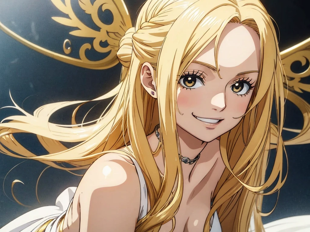 One piece animation style, blonde hair, long hair, shy smile, wavy hair, long gold eyelash, young girl, lovely girl, gold eyes, upper body shot, wearing white dress, white angle wing, pale skin tone,