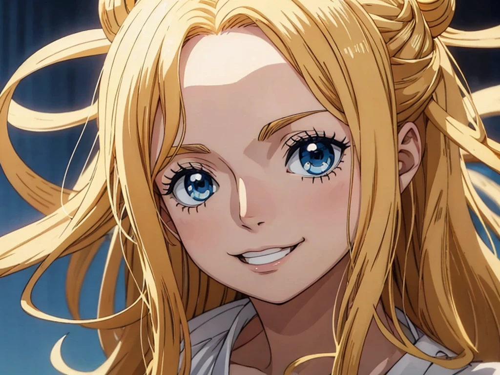 One piece animation style, blonde hair, long hair, shy smile, wavy hair, long gold eyelash, young girl, lovely girl, gold eyes, upper body shot, wearing white dress, white angle wing, pale skin tone,