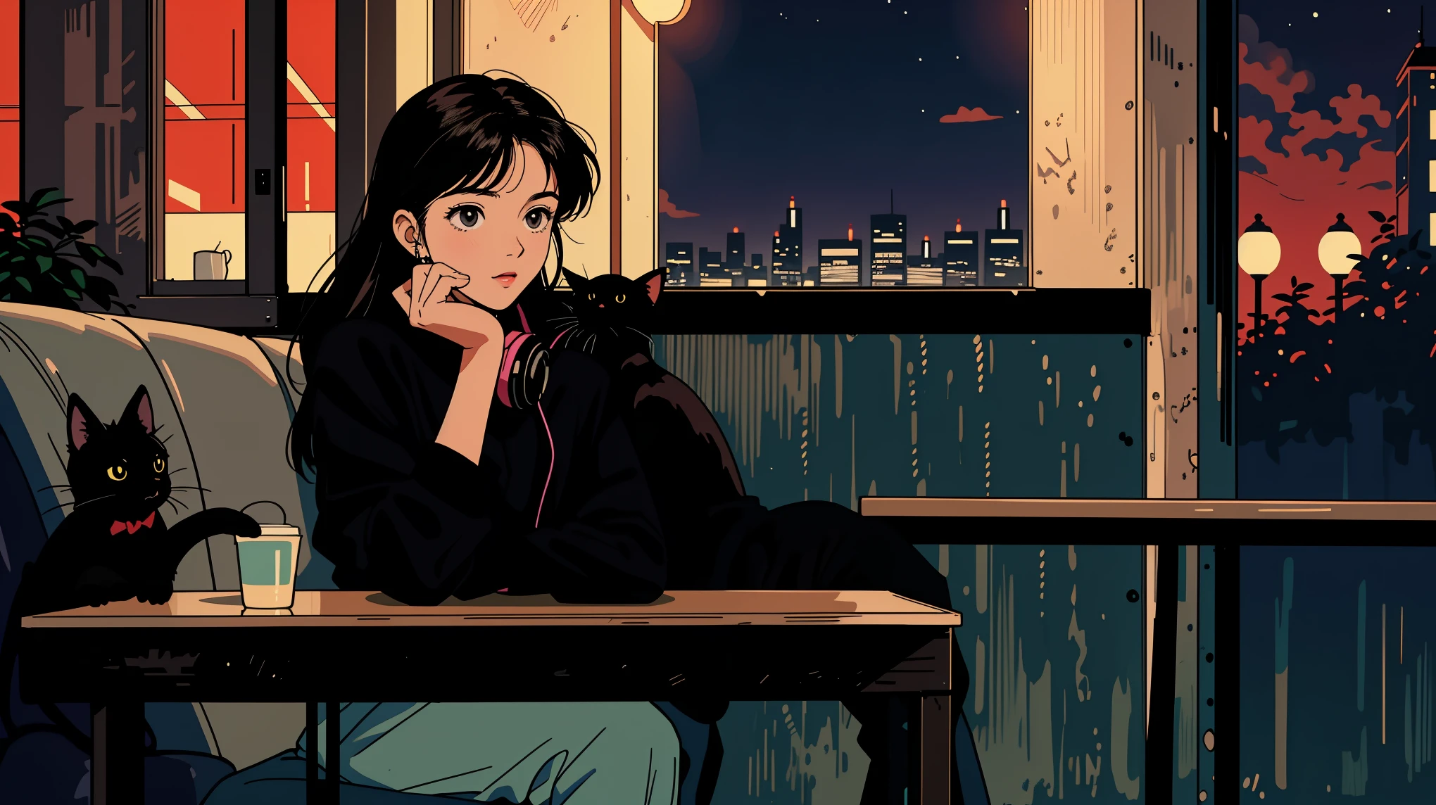 best quality, 8k, 1990s style,2010s hairstyles, 21 year old girl, black hair, long hair, light brown eyes, city pop, pants ,night view, wearing headphones, whole body,  relax coffee,table,confection,Looking at me, Black cat
