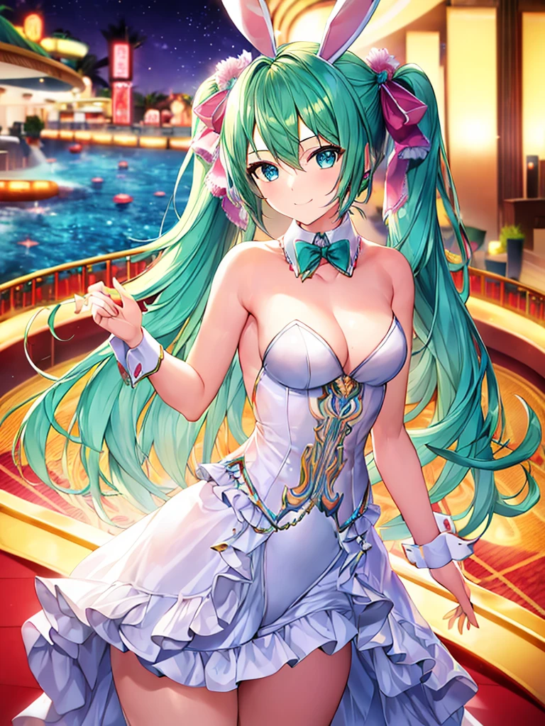 ( Absurd , high quality , Super detailed, Watch your hands )One girl,Hatsune Miku,The physique is thin,Small breasts,The outfit is a bunny suit,The location is a casino,smile