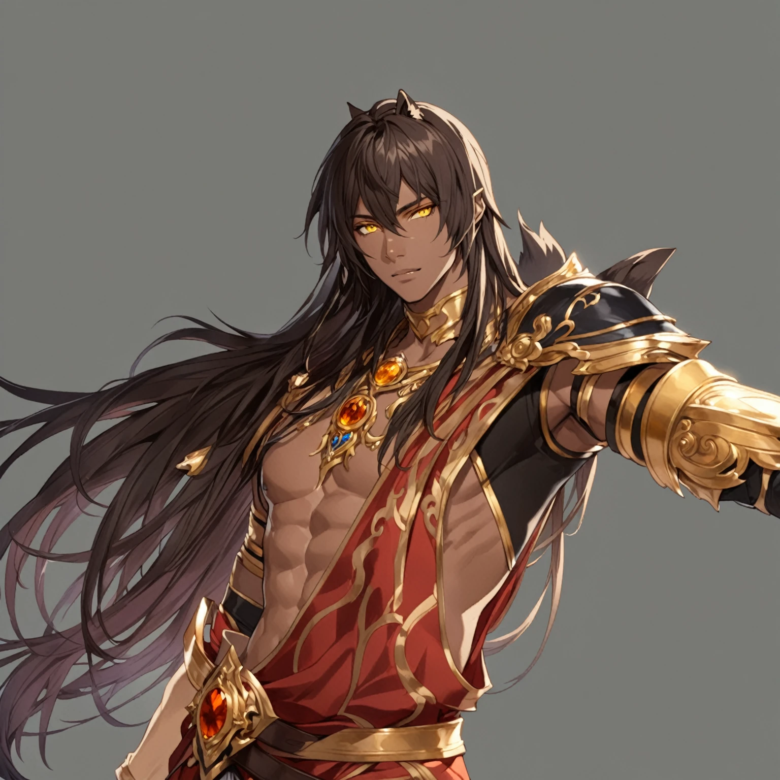 masterpiece, best quality, good quality, Fantasy aesthetics, Highly detailed, shadowverse style, male, dark skin, yellow eyes, wolf ear