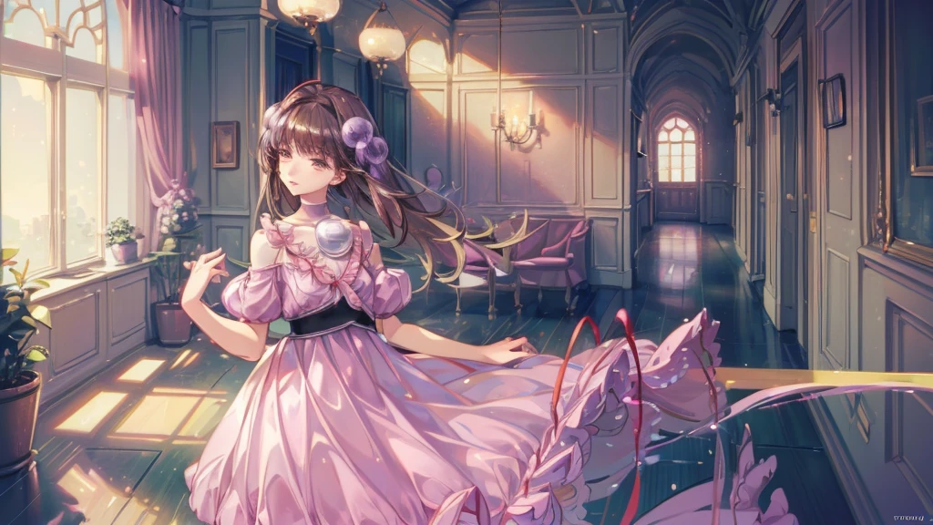 Reala, hair ornament, red choker, pink dress, (masterpiece, Absurd quality, Highest quality, Official Art, beautifully、aesthetic:1.2), 16K, Cute  girl, Very detailed, Digital Art, colorful, Most detailed, Bright colors, (Conversion Sequence), Baby Face, Cinema Lighting, Dynamic Angle, landscape, scenery, (difficult:1.5), (One girl:1.5), (indoor:1.5), Bedroom, lamp, (Hotel Rooms:1.3), (Very detailed lips:1.3), eyelash, Very detailed顔, (Perfect Legs, Perfect hands, Perfect Anatomy：1.1), Depth of written boundary, Speckled sunlight, Beautiful lighting, Little, Floating Hair, Illustrations, fairy tale,