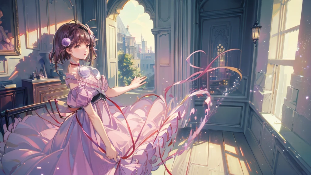 Reala, hair ornament, red choker, pink dress, (masterpiece, Absurd quality, Highest quality, Official Art, beautifully、aesthetic:1.2), 16K, Cute  girl, Very detailed, Digital Art, colorful, Most detailed, Bright colors, (Conversion Sequence), Baby Face, Cinema Lighting, Dynamic Angle, landscape, scenery, (difficult:1.5), (One girl:1.5), (indoor:1.5), Bedroom, lamp, (Hotel Rooms:1.3), (Very detailed lips:1.3), eyelash, Very detailed顔, (Perfect Legs, Perfect hands, Perfect Anatomy：1.1), Depth of written boundary, Speckled sunlight, Beautiful lighting, Little, Floating Hair, Illustrations, fairy tale,