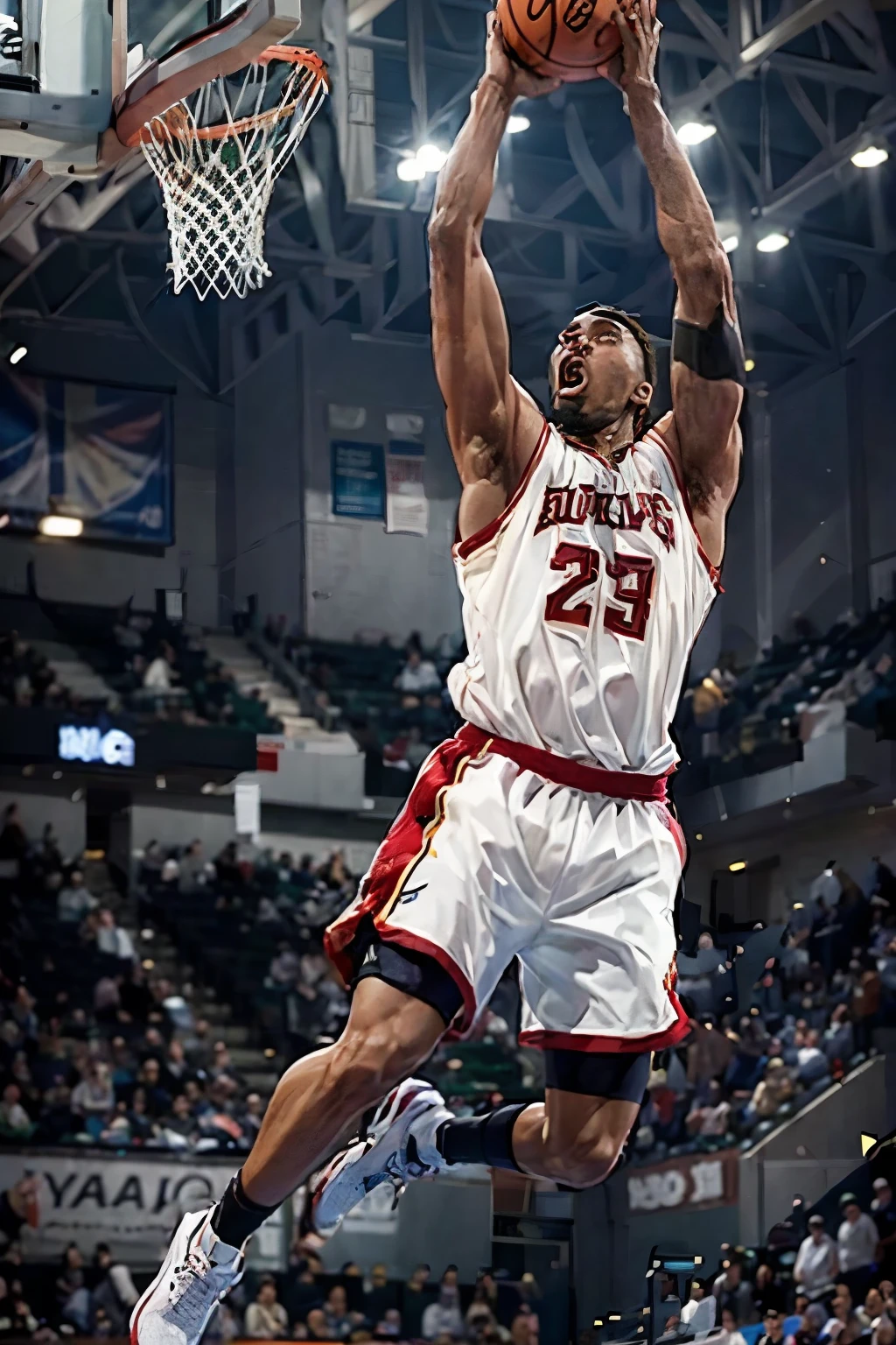 ((Male Basketball Player))、A young and strong man、Rin々しい顔のdetailedな描写、alone、(The moment the slam dunk is decided:1.4)、(Dunk Shot:1.4)、(Jumping Chute:1.4)、(Goal Post)、Close-up、Motion Blur、Dynamic Angle、NBA Finals、Flying confetti、stadium lighting、Blur the background、8Kdetailed、(detailed、masterpiece、Highest quality)、