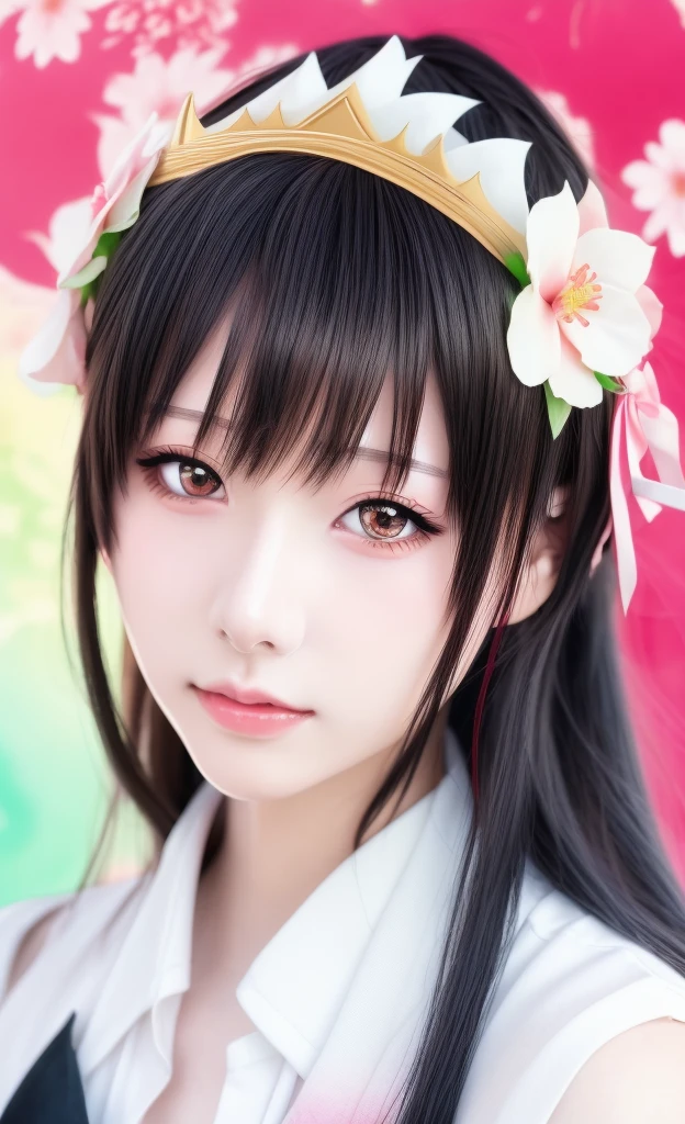 wearing white shirt、Anime girl with long black hair wearing a flower crown, Beautiful anime portrait, Stunning anime face portraits, beautiful anime girl, kawaii realistic portrait, Detailed portrait of anime girl, Portrait anime girl, Realistic anime 3D style, realistic Young anime girl, Realistic anime art style, Young anime girl, Anime realistic style, Realistic anime art style  
