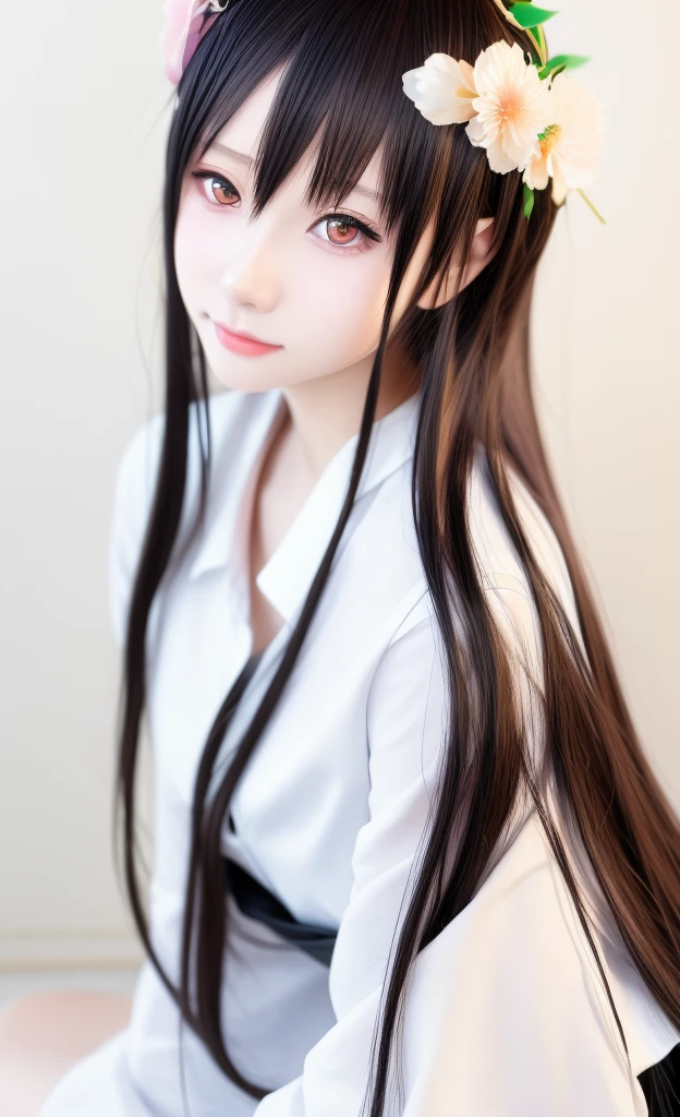 wearing white shirt、Anime girl with long black hair wearing a flower crown, Beautiful anime portrait, Stunning anime face portraits, beautiful anime girl, kawaii realistic portrait, Detailed portrait of anime girl, Portrait anime girl, Realistic anime 3D style, realistic Young anime girl, Realistic anime art style, Young anime girl, Anime realistic style, Realistic anime art style