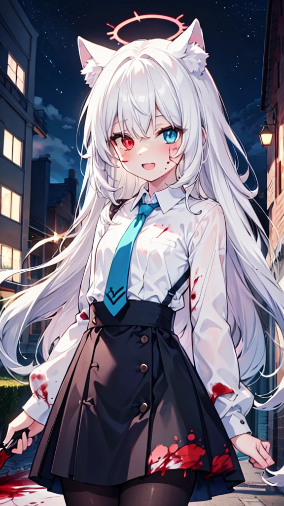 White pantyhose,White hair,Crazy Laugh,Long hair,Cat ear,Heterochromia(Left blue right red),Female face,There are bright spots in the eyes,flat chest,red halo,night,uninhabited alley,Black skirt,With a knife,There are blood stains on the clothes,Blood stains on the face,Loss of light in the eyes,Shadow on the face,Fake laugh,Blue tie