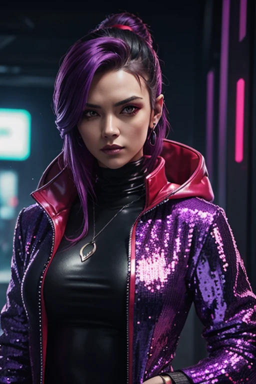 Cyberpunk, Woman, open purple sequin coat, red clothing, cyberpunk mercenary, red shirt