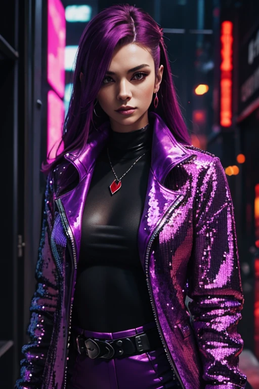 Cyberpunk, Woman, open purple sequin coat, red clothing, cyberpunk mercenary, red shirt