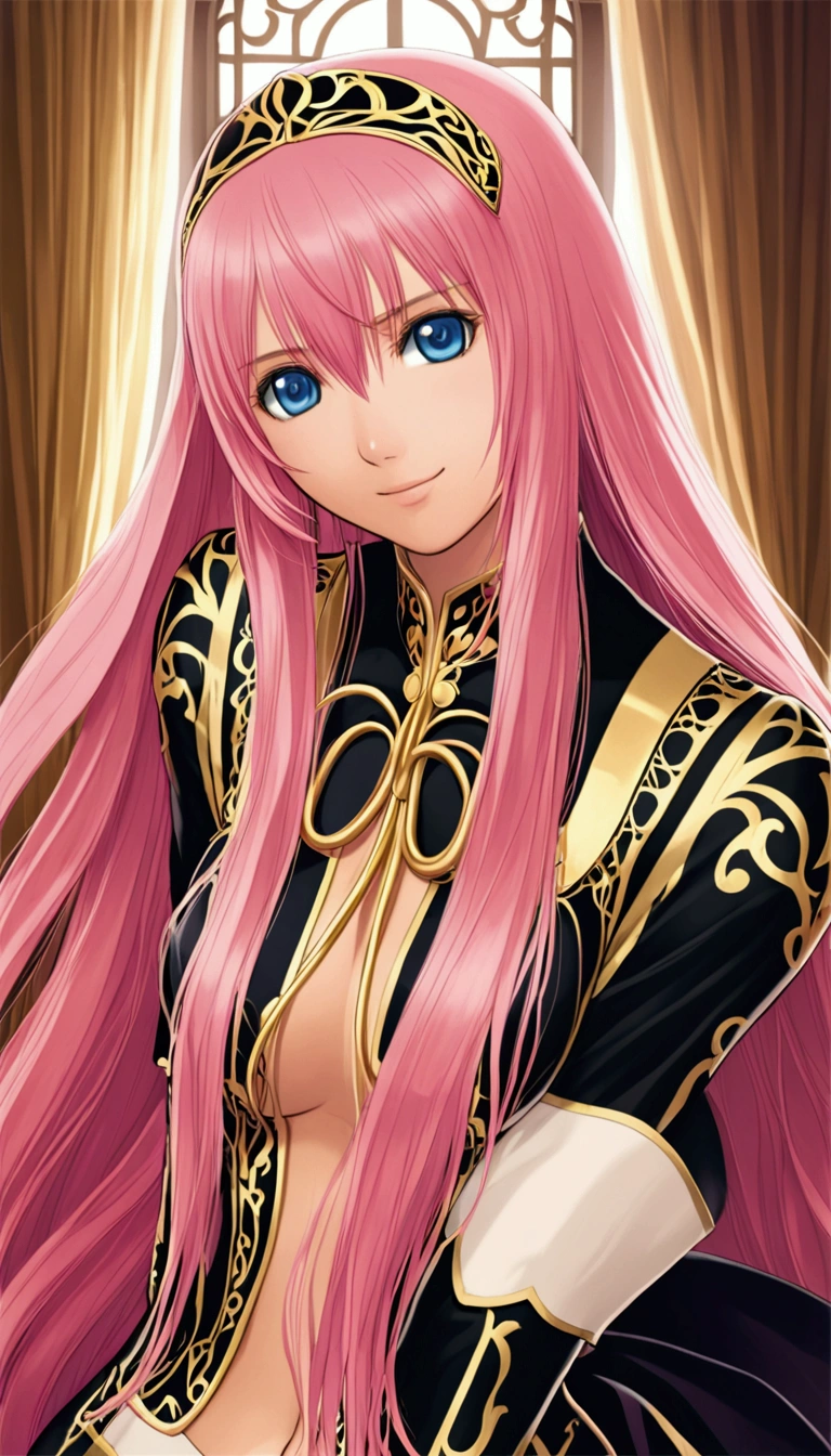 Detailed and beautiful depiction 1.1,Official Art,Beautiful adult woman ,Megurine Luka in official costume,Pink long hair,blue eyes,smile,Bedroom