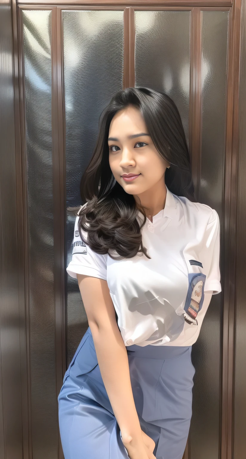 1girl, (uniform), standing, outdoors, curvy, tall, detailed face, detailed eyes, thick breasts, shiny skin, tight shirt, grey blue short skirt, looking at the audience, low angle shot,(8k, RAW photo, best quality, masterpiece: 1.2), (realistic, realistic: 1.37), ultra-high resolution