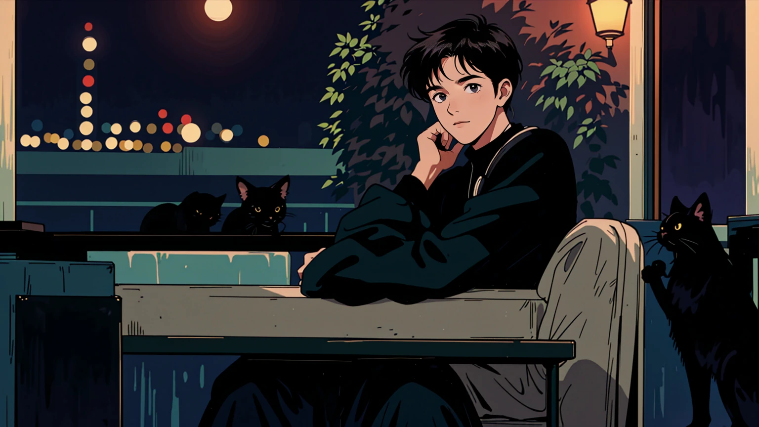 best quality, 8k, 1990s style,2010s hairstyles, 21-year-old boy, black hair, light brown eyes, city pop, pants ,night view, wearing headphones, whole body, relax coffee,table,confection,Looking at me, Black cat