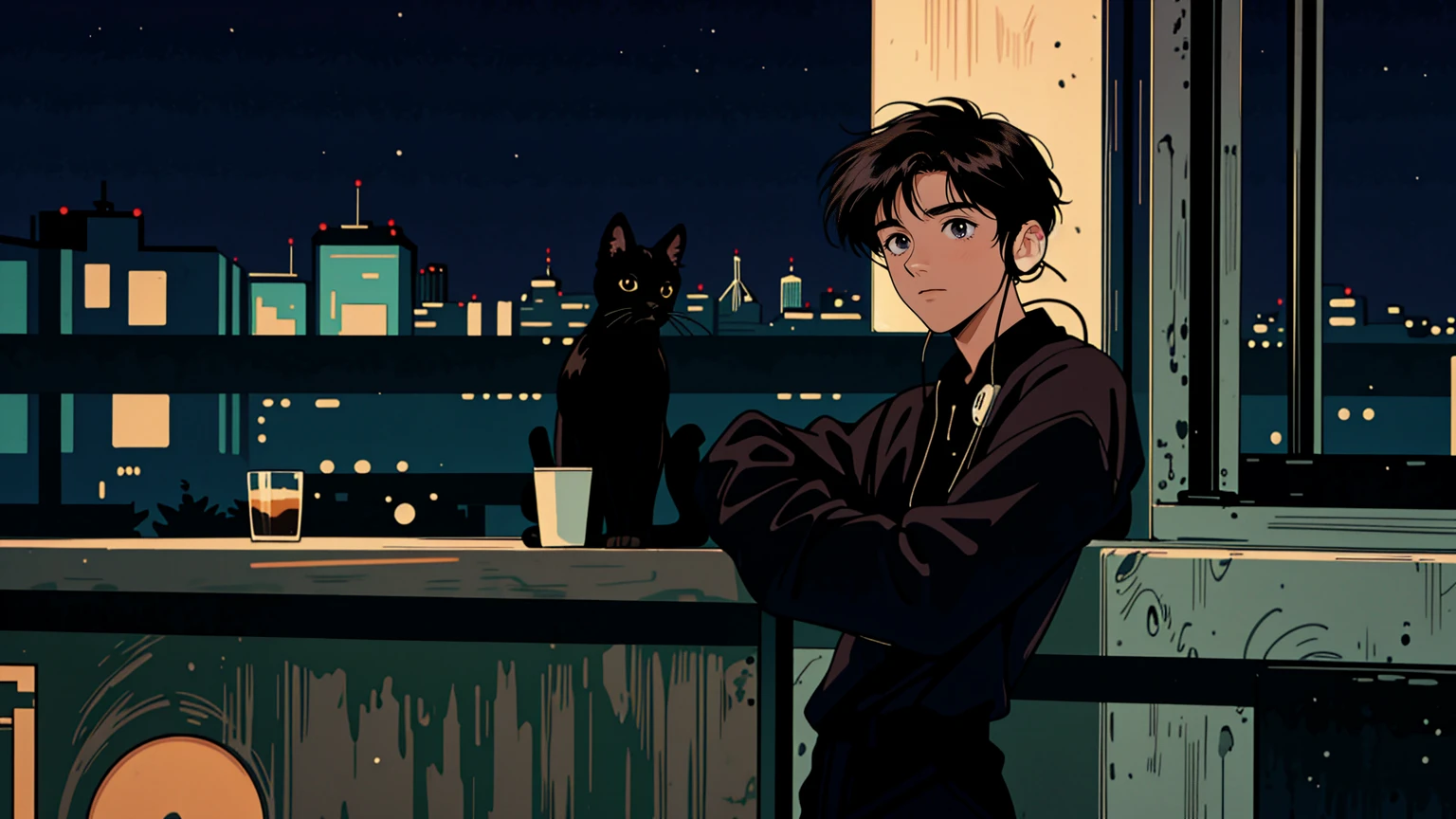 best quality, 8k, 1990s style,2010s hairstyles, 21-year-old boy, black hair, light brown eyes, city pop, pants ,night view, wearing headphones, whole body, relax coffee,table,confection,Looking at me, Black cat