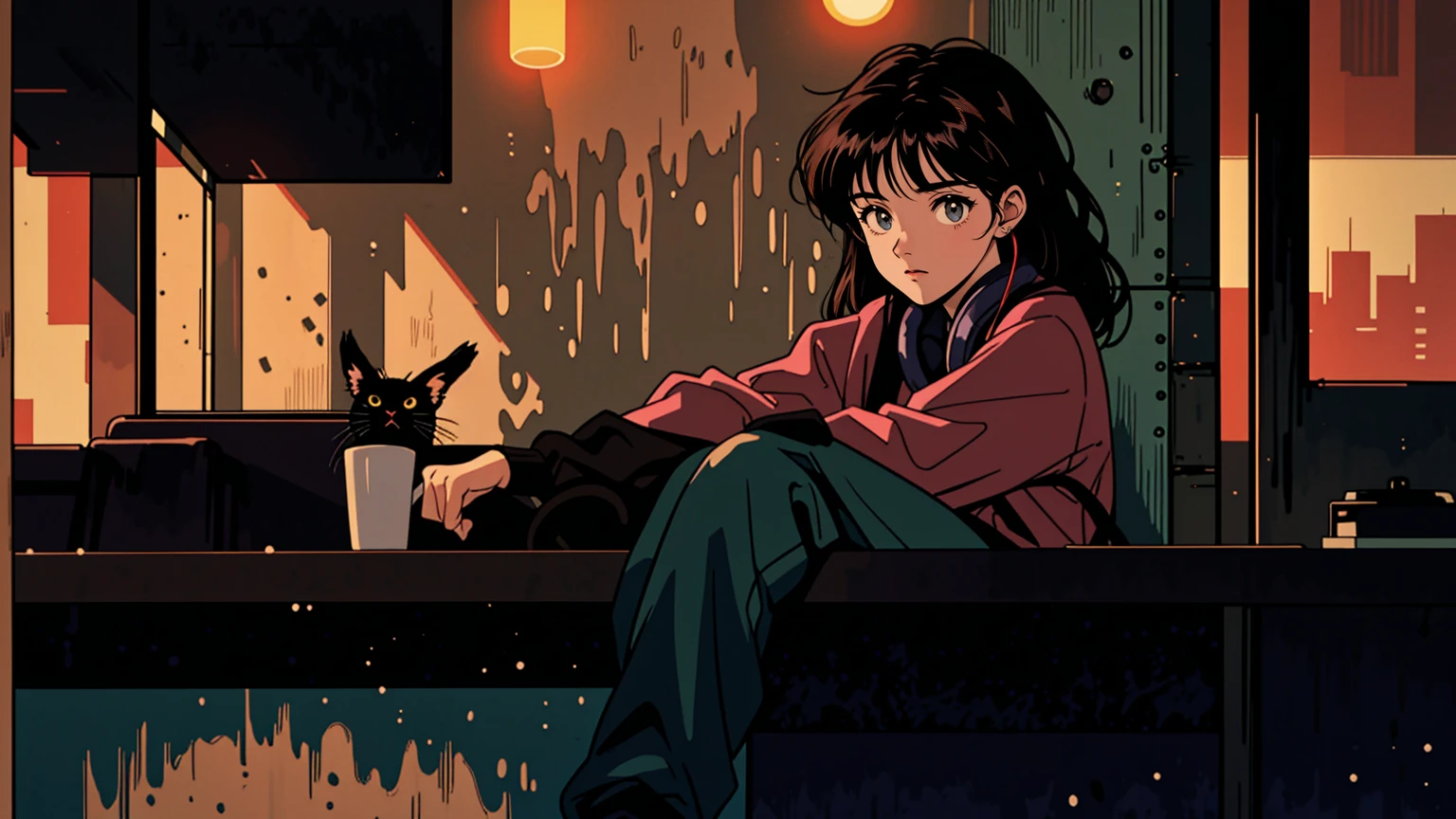 best quality, 8k, 1990s style,2010s hairstyles, 21 year old girl, black hair, long hair, light brown eyes, city pop, pants ,night view, wearing headphones, whole body,  relax coffee,table,confection,Looking at me, Black cat
