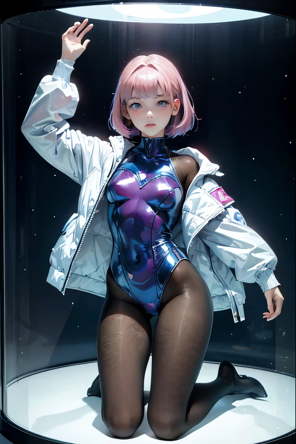 (highest quality:1.2) A girl is kneeling as living mannequin, posed to ask help,  gymnast being exhibited in a glass case, at the museum, wearing long-sleeved shiny leotard, wearing blue pantyhose, anatomical perfect hands, short-cut pink hair, beautiful Europian face, large beautiful eyes, closed mouth to ask help, cute lip, shameful face, full body portrait, extra shiny skin like plastic.